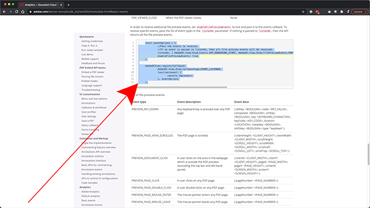 Screenshot of where to copy sample code