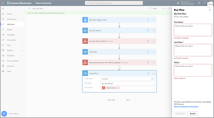 Run flow screen in Microsoft Power Automate prompting for inputs