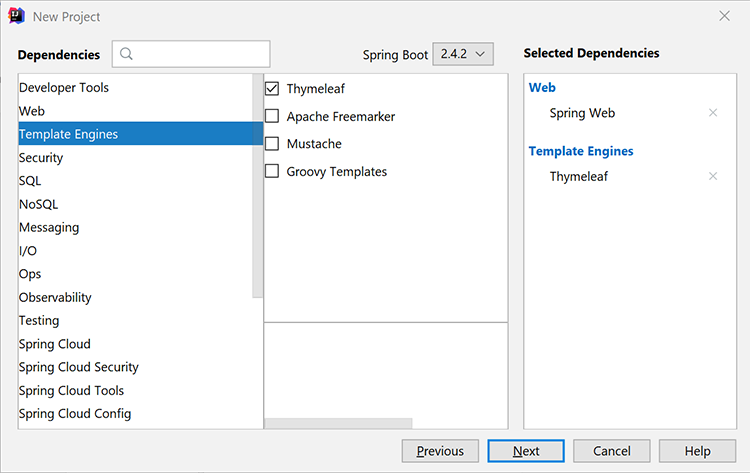 Screenshot to ad Spring Web and Thymeleaf