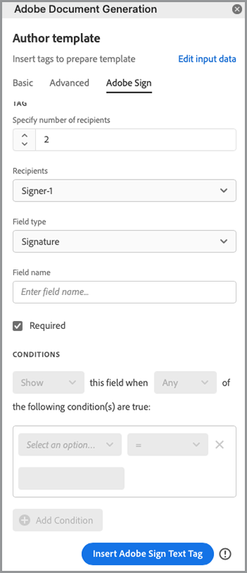 Screenshot of Insert Adobe Sign Text Tag in Document Generation Tagger