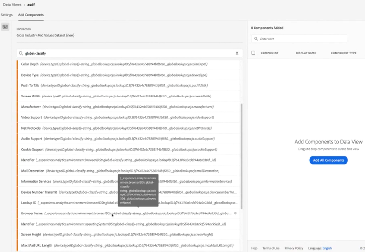 Create a data view showing the Add Components list