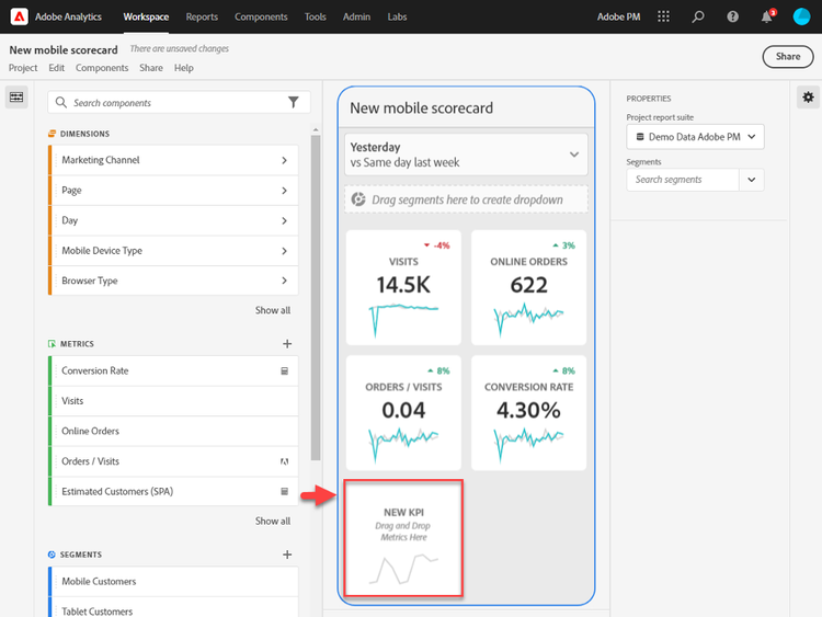 New mobile scorecard window with an arrow pointing to a metric (New KPI) dropped into the scorecard.