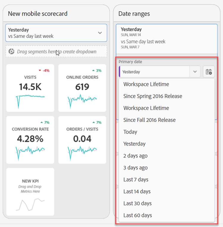 New mobile scorecard highlighting the Date ranges with Primary date/Yesterday selected