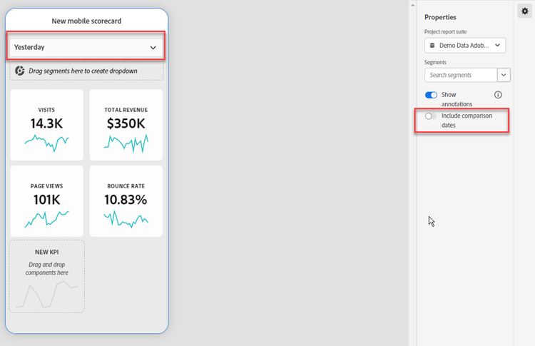 New mobile scorecard highlighting Yesterday and Include comparison dates