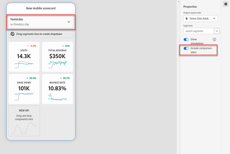 New mobile scorecard highlighting Yesterday vs Previous day and Include comparison dates