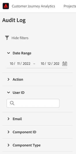 Audit log showing the filters displayed for Data Range.