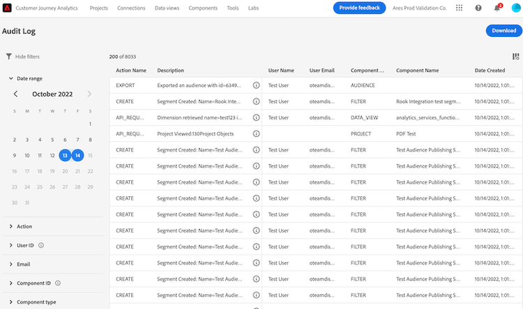 Audit log highlighting today and yesterday.