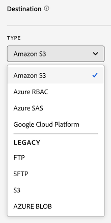 Data feed destination drop-down menu