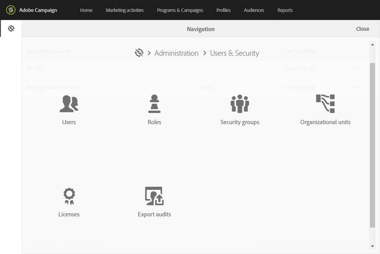 User Management menu