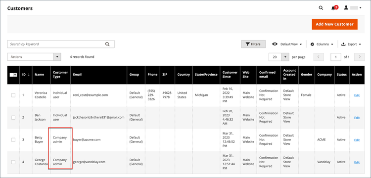 Customers grid with company administrator account