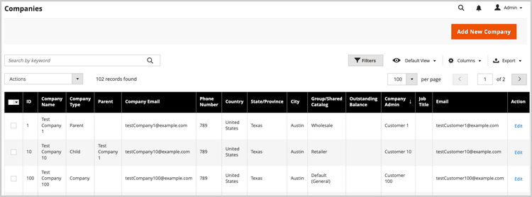 B2B Manage Companies Grid