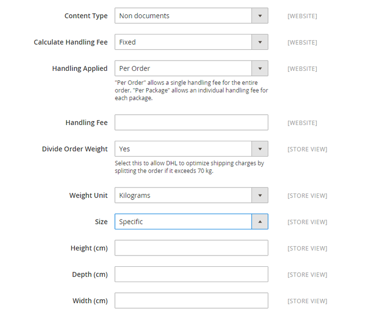 DHL Package Settings