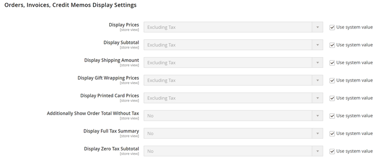 Orders, Invoices, Credit Memos Display Settings