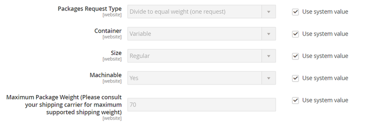 USPS Packaging Settings