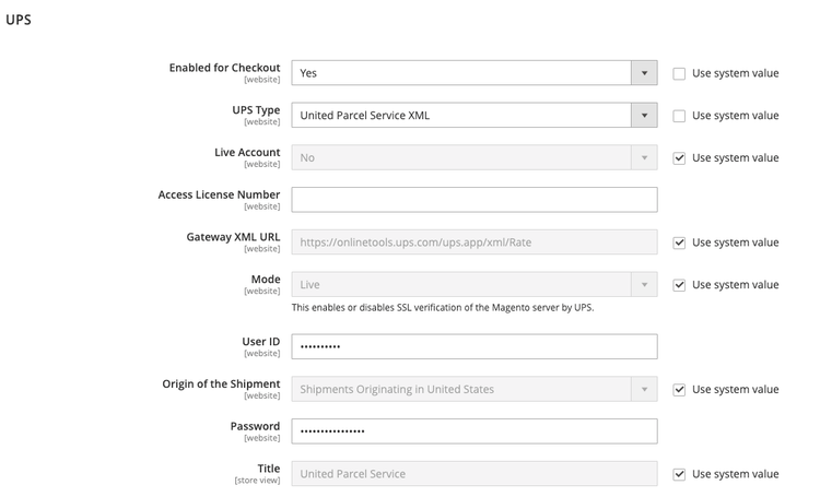 UPS XML Account Settings