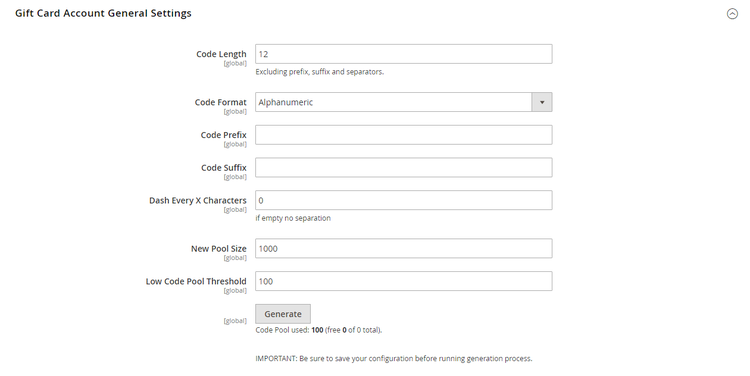 Gift Card Account General Settings