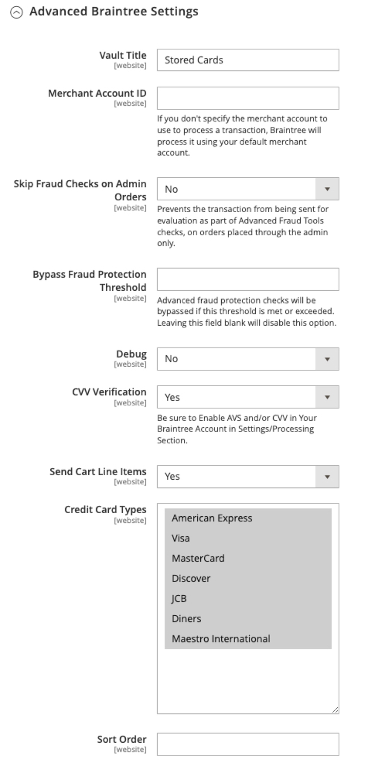 Braintree Advanced Settings