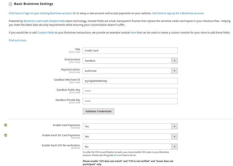 Basic Braintree Settings