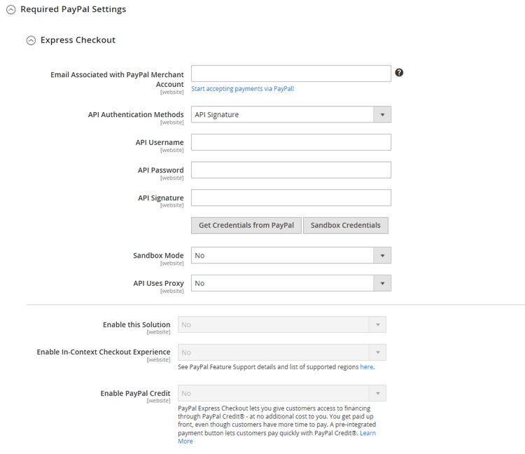 PayPal Express Checkout Required Settings