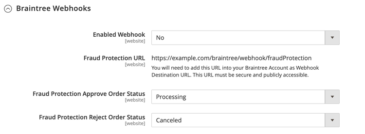 Braintree Webhooks Settings