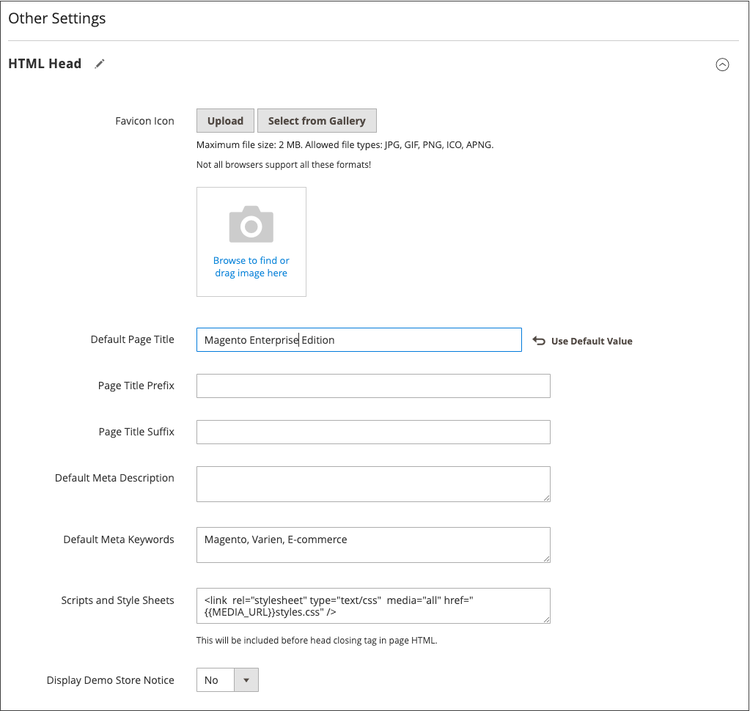 HTML Head configuration settings