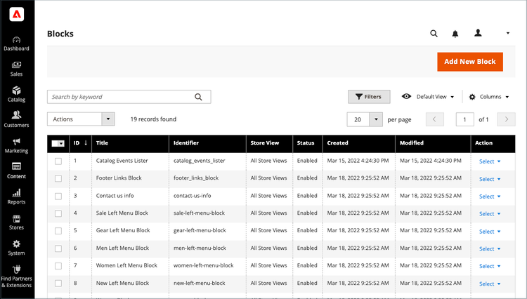 The Blocks page displays a grid of existing blocks