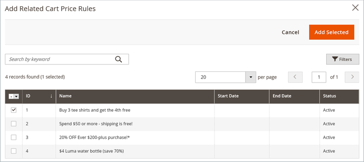 Adding selected price rules to a dynamic block