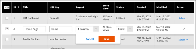 Page properties are editable in the Pages grid