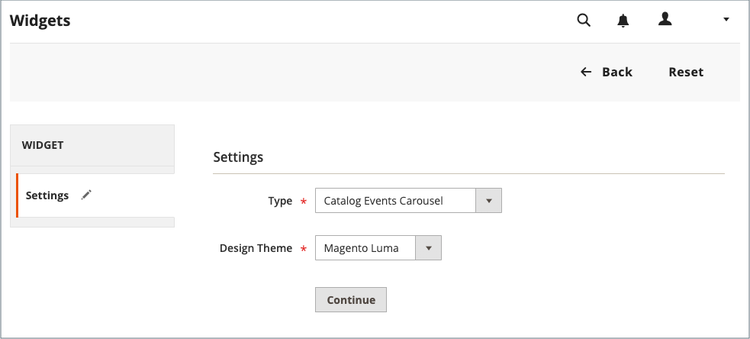 Widget settings for an event carousel