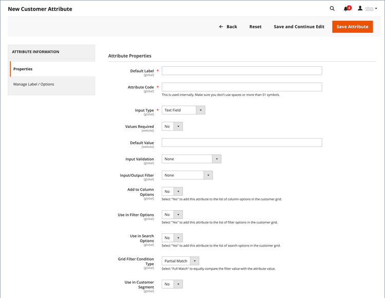 Customer attribute properties