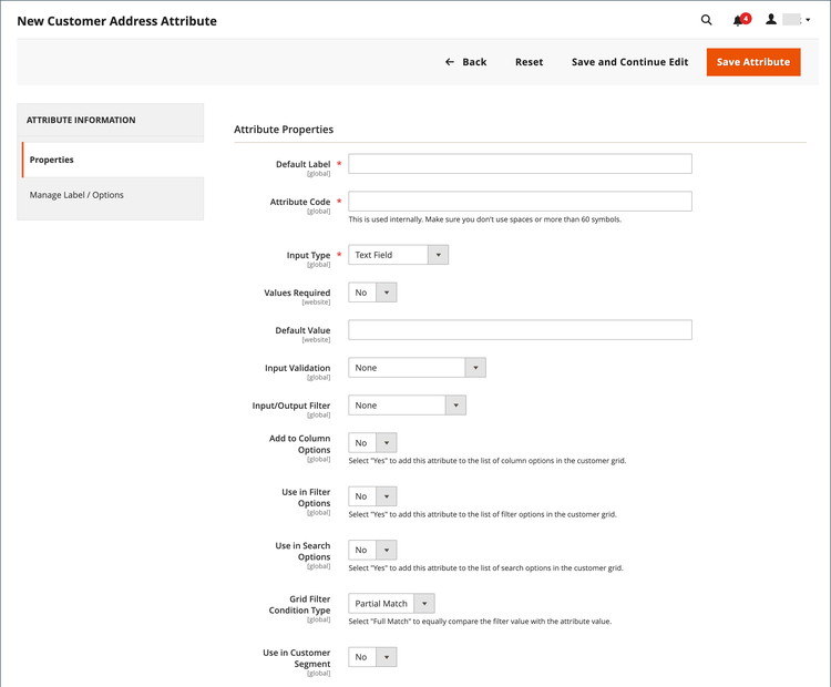 Customer attribute properties