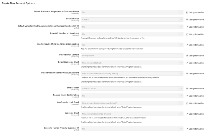 Create New Account Options default settings