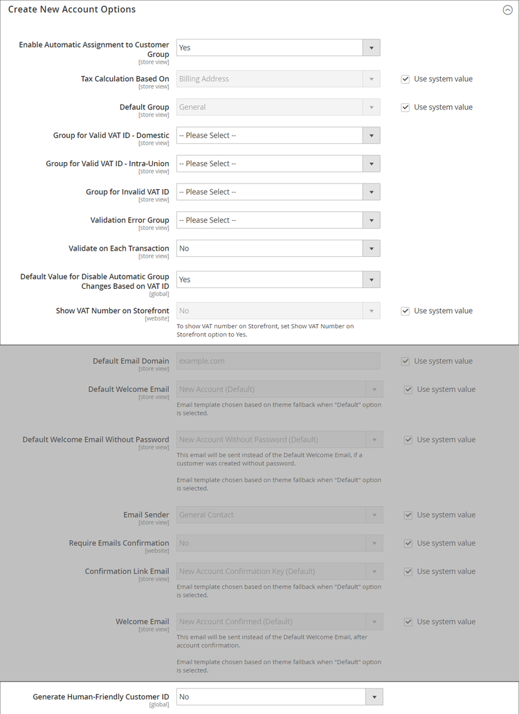 Create New Account Options with VAT enabled