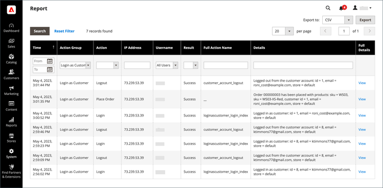 Filter the Actions Report