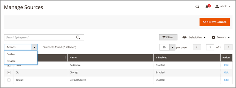 Inventory Management sources - Actions menu