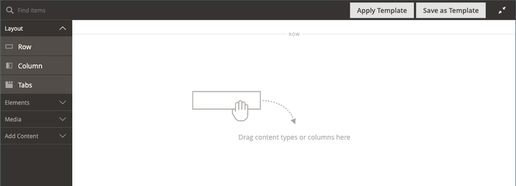 Page Builder panel with layout content types and stage