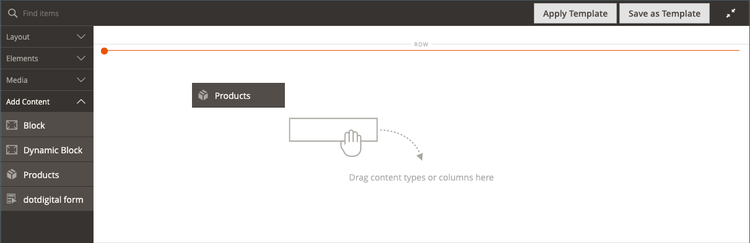 Dragging a products placeholder onto the row