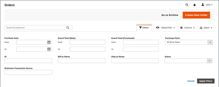 Orders list - filter controls