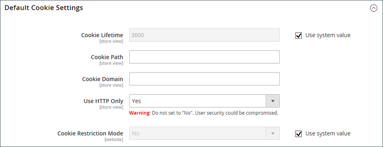 Web configuration - default cookie settings