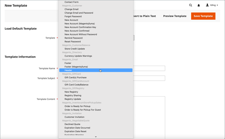 Email template header - load default template