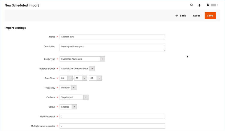 Data import - scheduled import settings