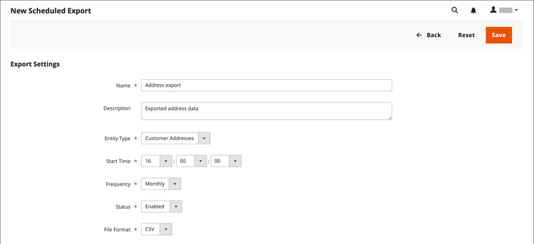 Scheduled export settings