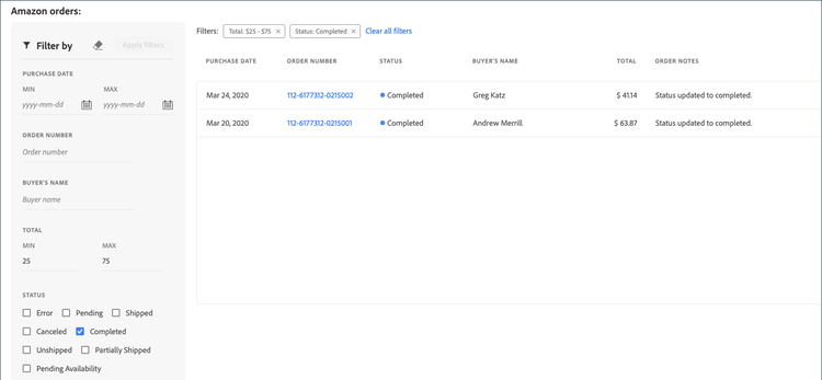 Filters for viewing Amazon orders