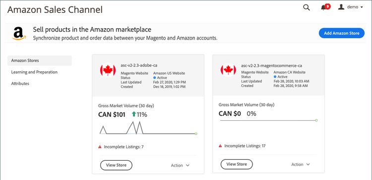 Amazon sales channel home with new store card