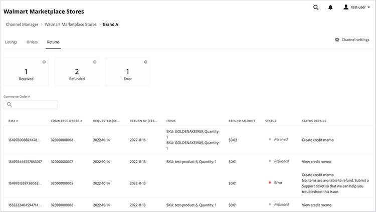 Channel Manager Returns dashboard to process refunds for return requests received from Walmart Marketplace