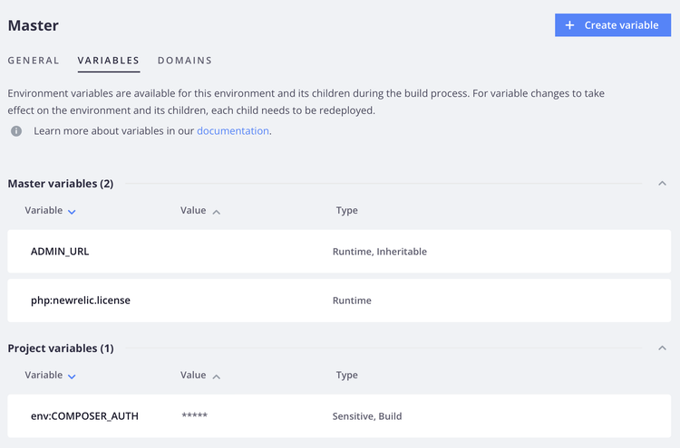 Environment variables tab