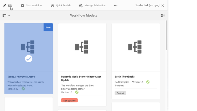 Workflow Models page with Dynamic Media Reprocess workflow selected in Card View