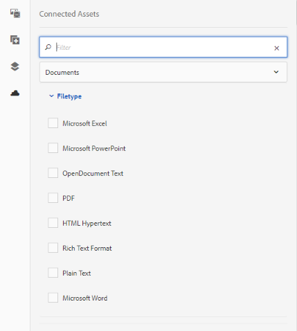 Options to filter document types and images when searching assets on remote DAM