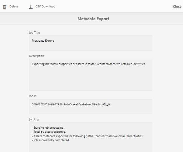 Dialog to download the CSV file containing metadata exported in bulk