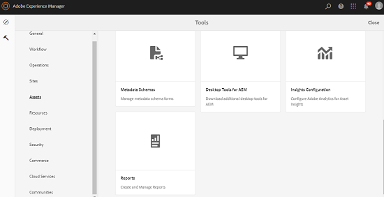 Tools page to navigate assets report